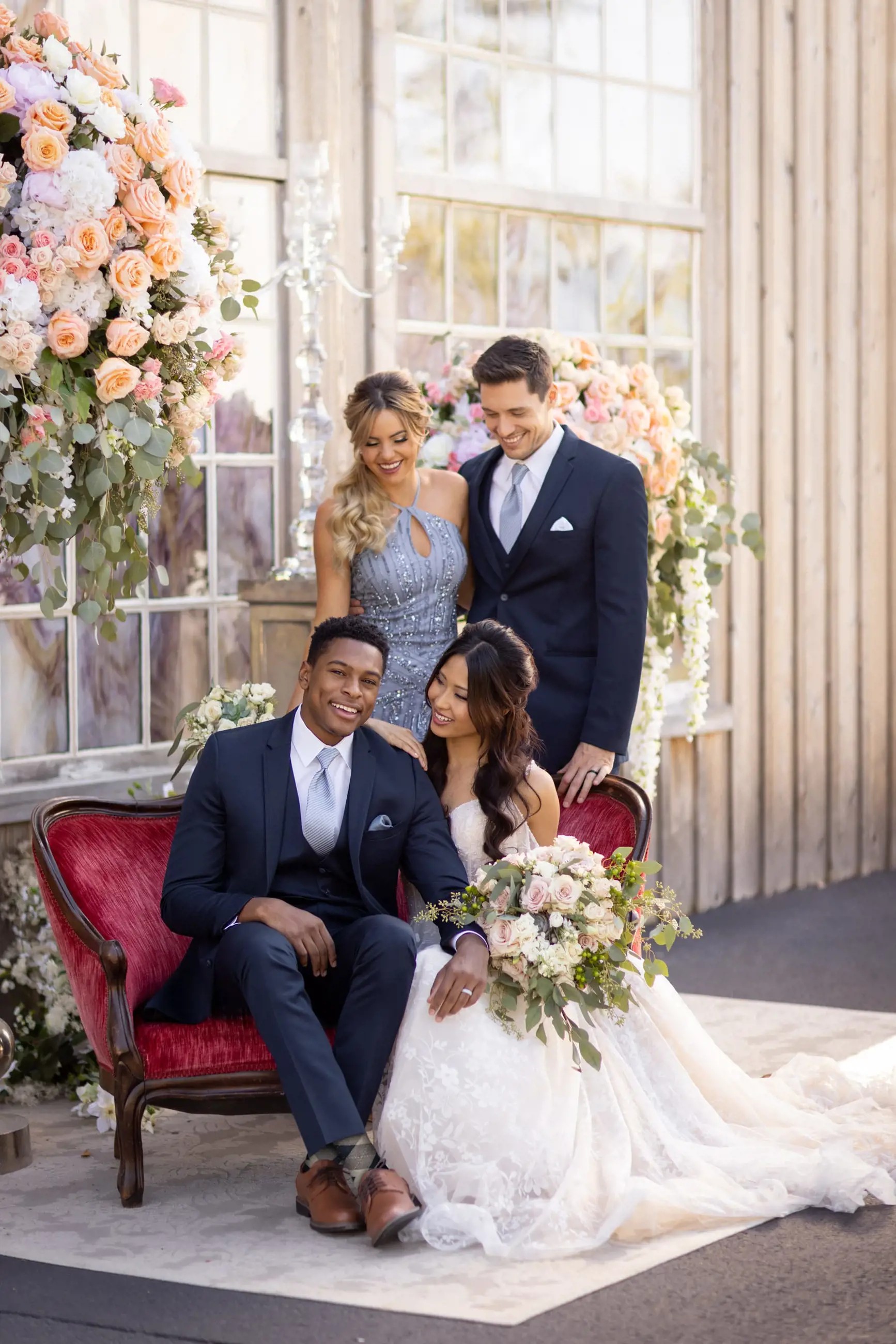 Сouples wearing a gowns and a suits