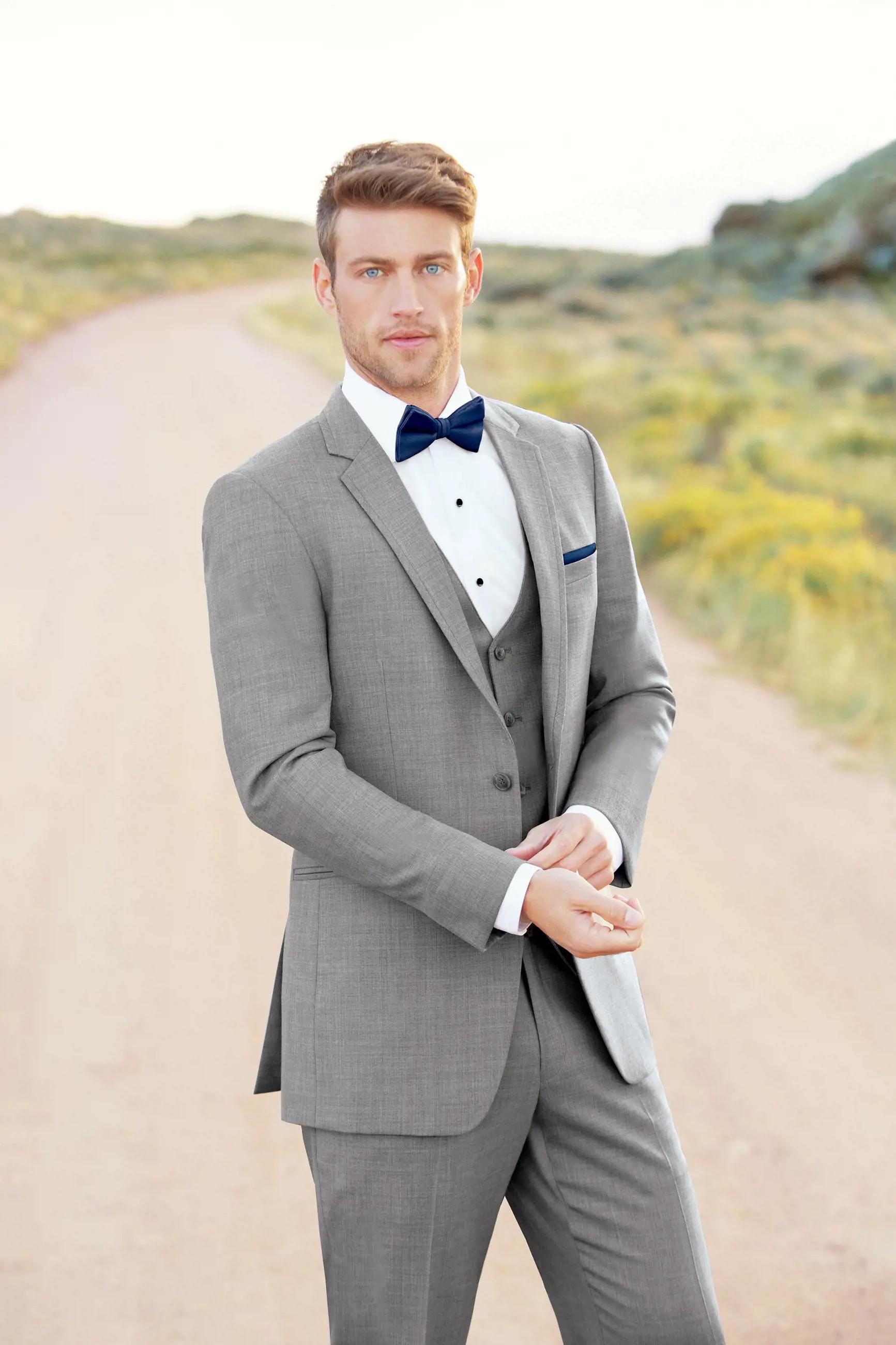 Model wearing a gray suit