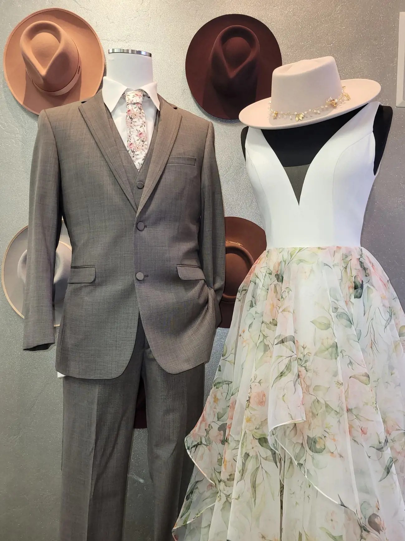 Gray suit and whie dress