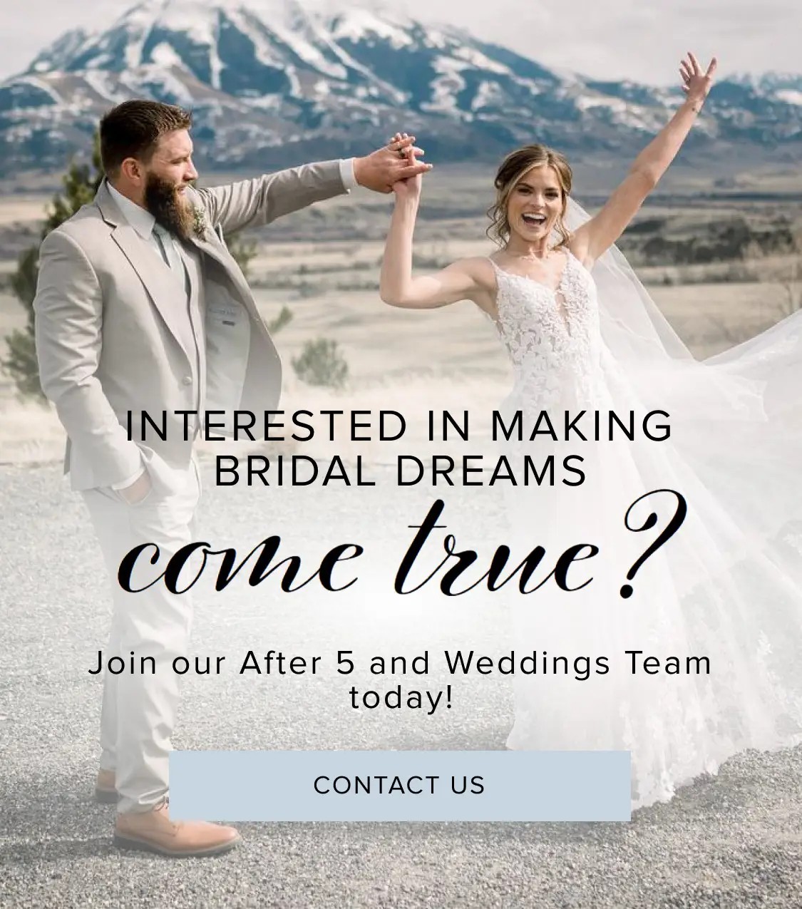 After 5 Weddings hiring banner. Bride and groom. Mobile image.