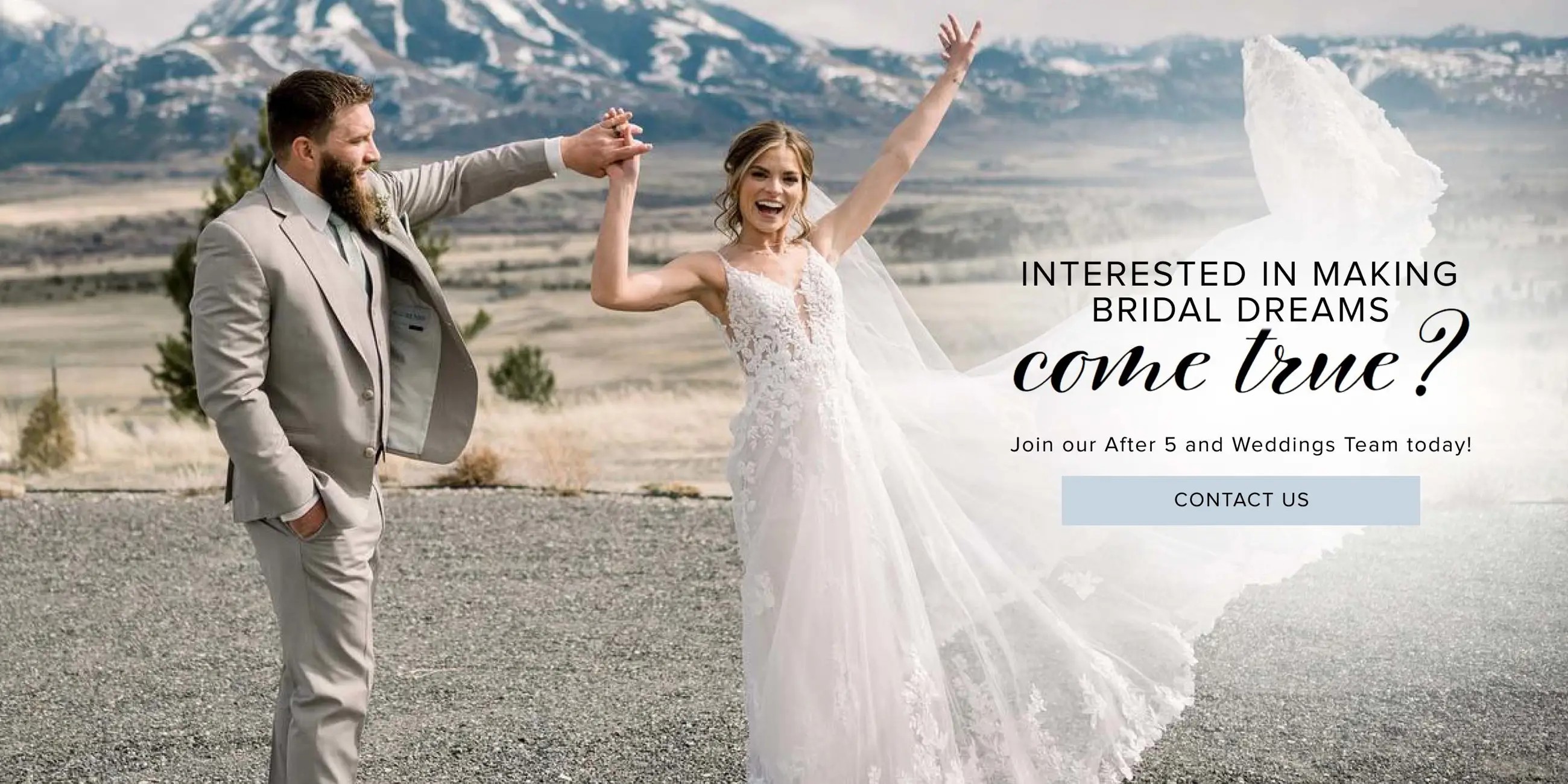 After 5 Weddings hiring banner. Bride and groom. Desktop image.